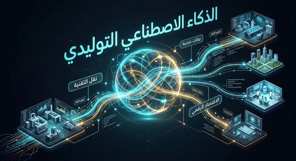 تصميم تعبيري يجسد نقل تقنيات الذكاء الاصطناعي التوليدي والشراكة الرقمية لتطوير الاقتصاد.