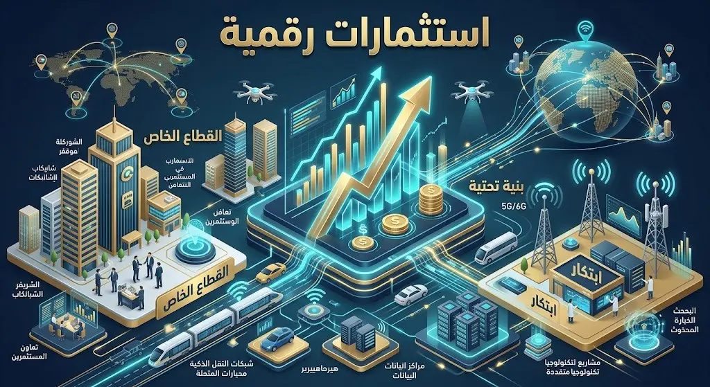 إنفوجرافيك احترافي يوضح تدفق الاستثمارات الرقمية وتطور البنية التحتية الذكية عبر شراكات القطاع الخاص العالمي.