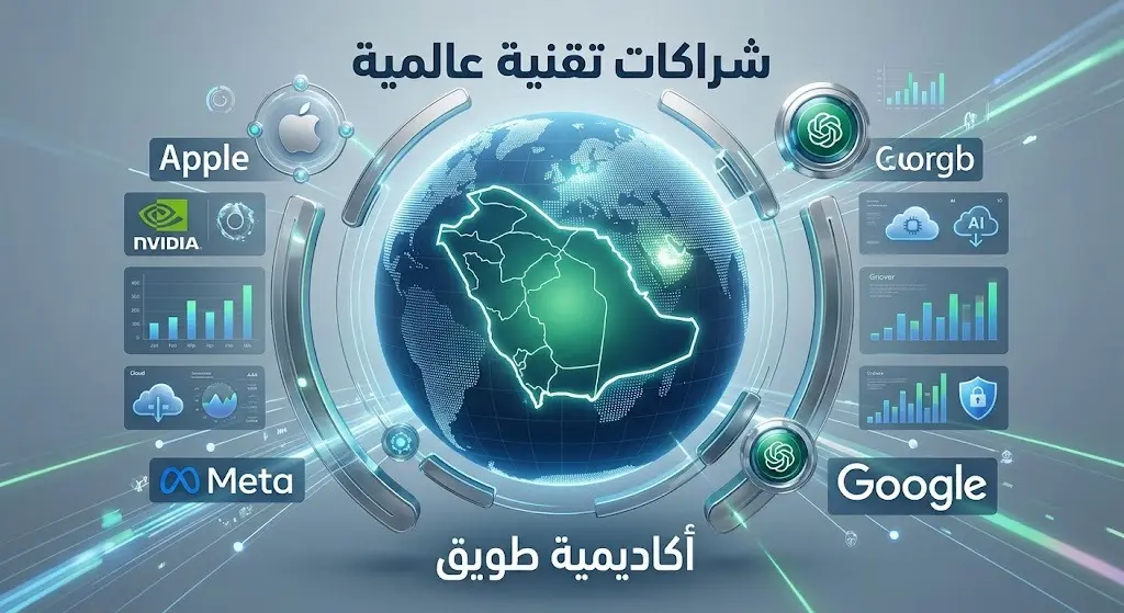 تصميم بصري احترافي يبرز الشراكات العالمية لأكاديمية طويق مع عمالقة التقنية لدعم الاقتصاد الرقمي في المملكة.