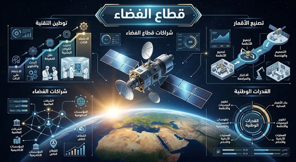 تصميم بصري يستعرض الإنجازات والشراكات في قطاع الفضاء وتصنيع الأقمار الصناعية
