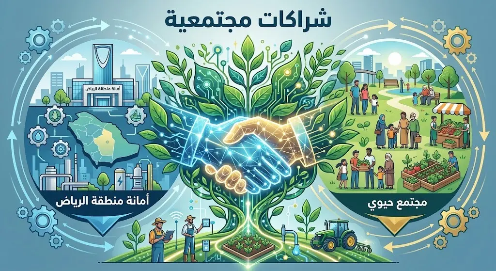 إنفوجرافيك تعبيري يعكس الشراكات المجتمعية والتنموية بين الجهات المنظمة والمزارعين لبناء مجتمع حيوي.