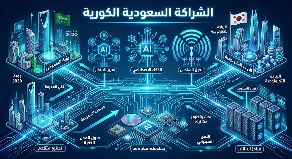 إنفوجرافيك تقني يجسد الشراكة الاستراتيجية بين السعودية وكوريا الجنوبية مع شركتي سامسونج وإس كيه في مجالات الذكاء الاصطناعي ومراكز البيانات والجيل السادس.