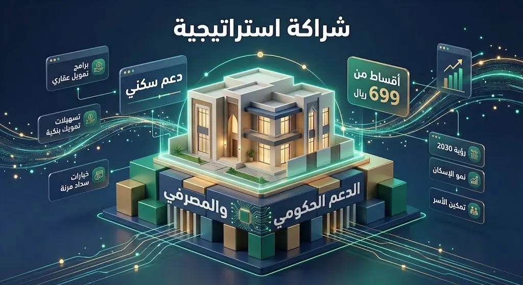تصميم تعبيري يظهر منزلاً حديثاً مدعوماً بواجهات رسومية مالية تبرز الشراكة الاستراتيجية لتسهيل تملك المساكن بأقساط ميسرة.