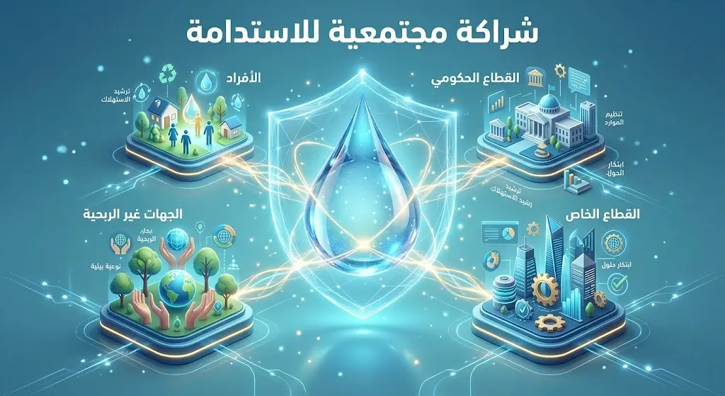 تصميم معلوماتي إبداعي يبرز تضافر جهود الأفراد والجهات الحكومية والخاصة لتحقيق استدامة المياه.