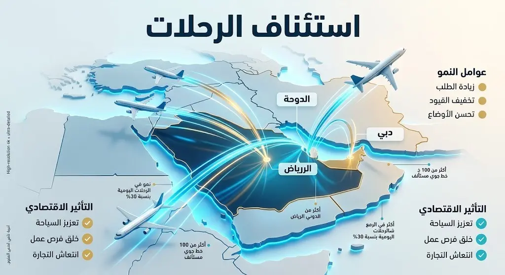 إنفوجرافيك يوضح استئناف عدة شركات طيران عالمية لرحلاتها الجوية إلى وجهات في الشرق الأوسط مثل الرياض والدمام والدوحة.