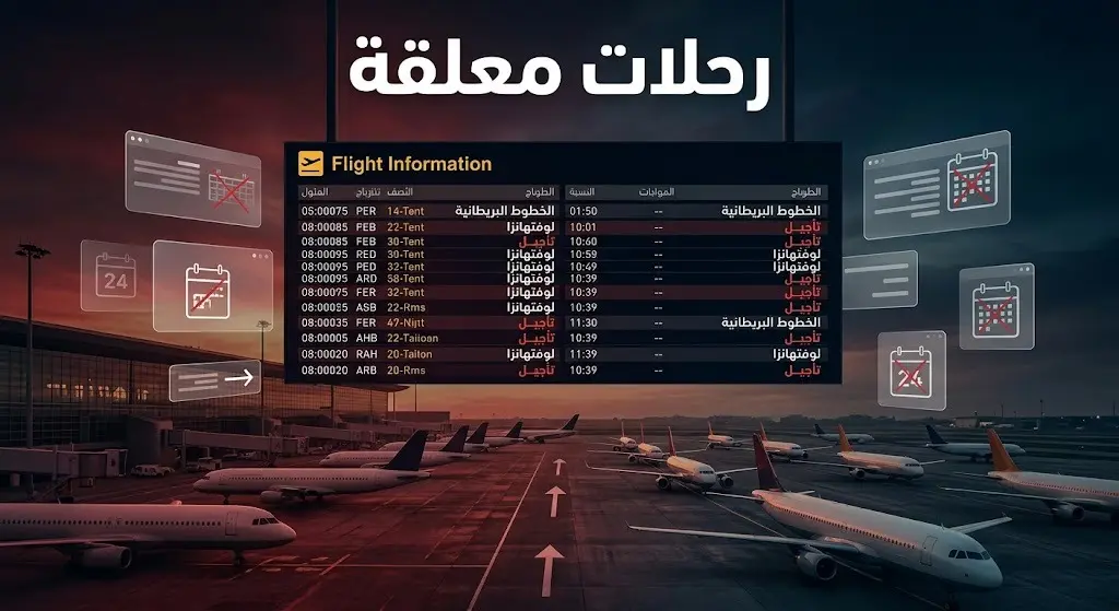 تصميم مرئي يستعرض قائمة بشركات الطيران التي مددت تعليق رحلاتها إلى مطارات المنطقة ومواعيد انتهاء التعليق.