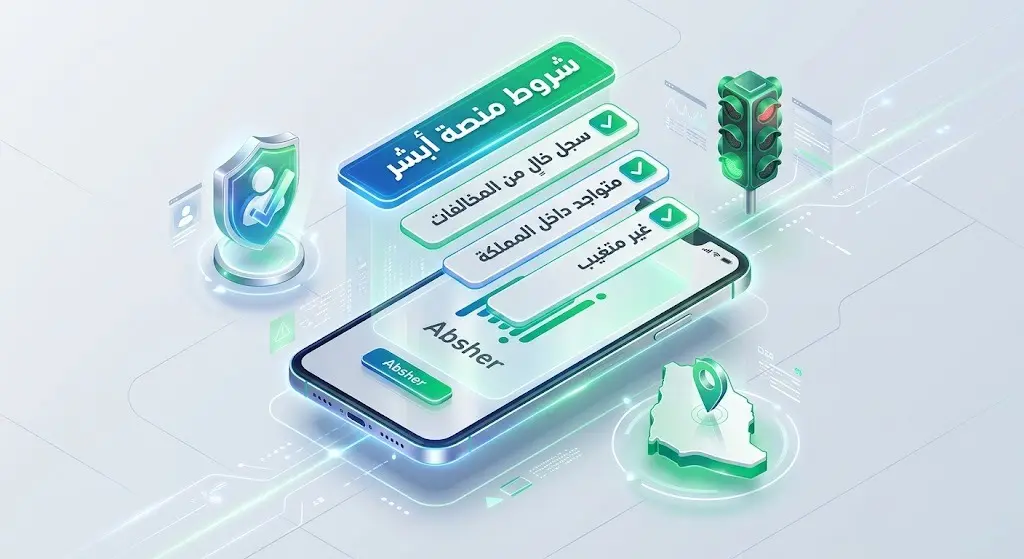تصميم بياني يستعرض شروط إصدار الخروج النهائي عبر منصة أبشر، كخلو السجل من المخالفات المرورية والتواجد داخل المملكة.