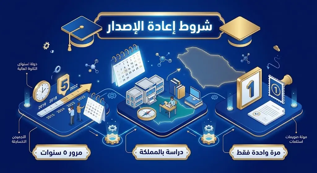 إنفوجرافيك يوضح الشروط الثلاثة الأساسية لإعادة إصدار شهادة الثانوية بتعليم الطائف