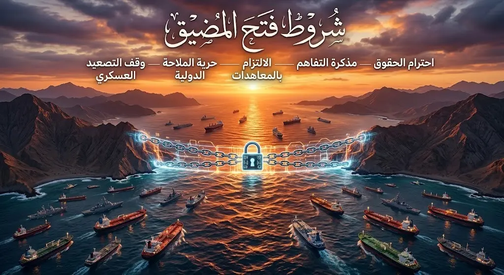 رسم تعبيري يظهر مضيق هرمز مغلقاً بسلاسل معدنية وتصميم رقمي، مع نصوص عربية توضح الشروط الإيرانية لإعادة فتحه.
