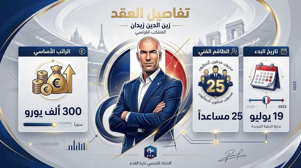 إنفوجرافيك يوضح تفاصيل عقد زين الدين زيدان مع منتخب فرنسا، متضمناً الراتب الشهري وحجم الطاقم الفني وتاريخ بدء المهام.