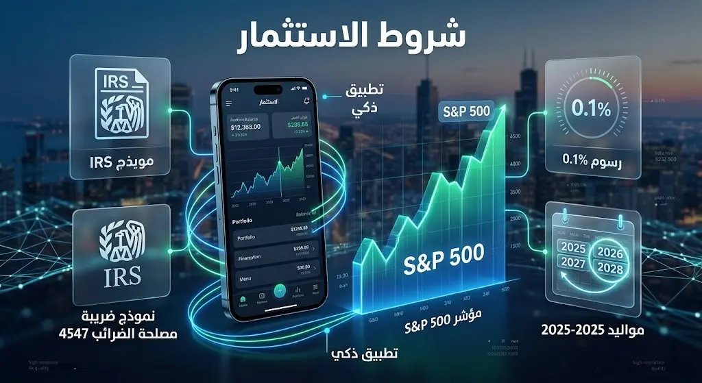 تصميم فني يوضح شروط استثمار الحسابات، يعرض واجهة تطبيق مالي متصلة بمؤشر للأسهم، مع إبراز شروط العمر ونموذج الضرائب في قالب بصري تقني.