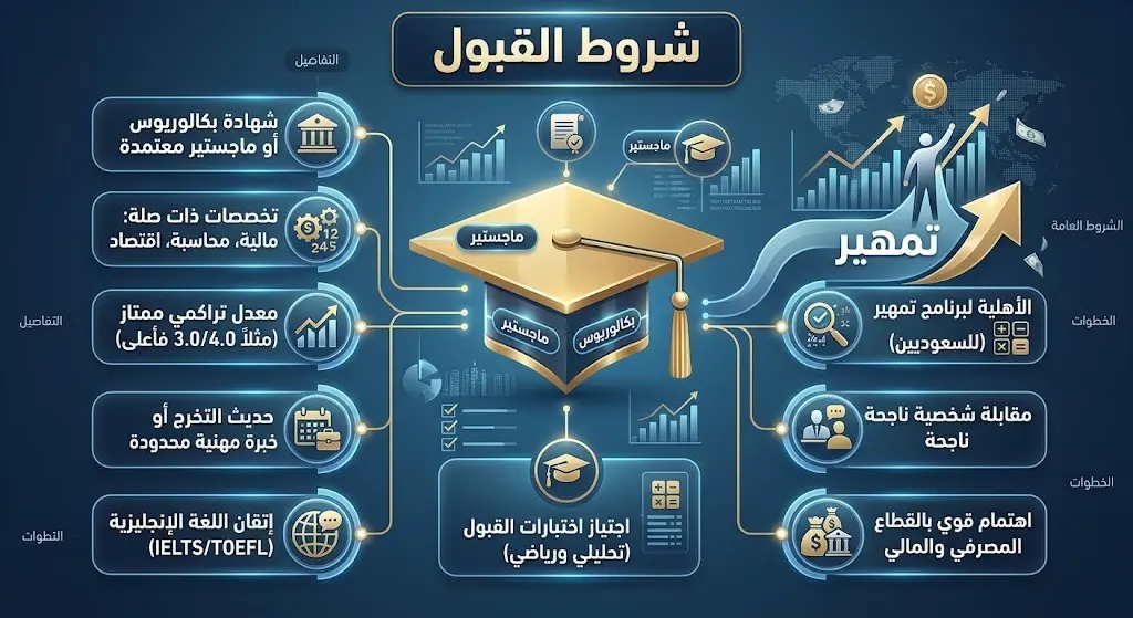 إنفوجرافيك احترافي يوضح الشروط الأساسية للقبول في برنامج التدريب المصرفي، مبرزاً المؤهلات المطلوبة مثل البكالوريوس والماجستير وارتباطها ببرنامج تمهير.