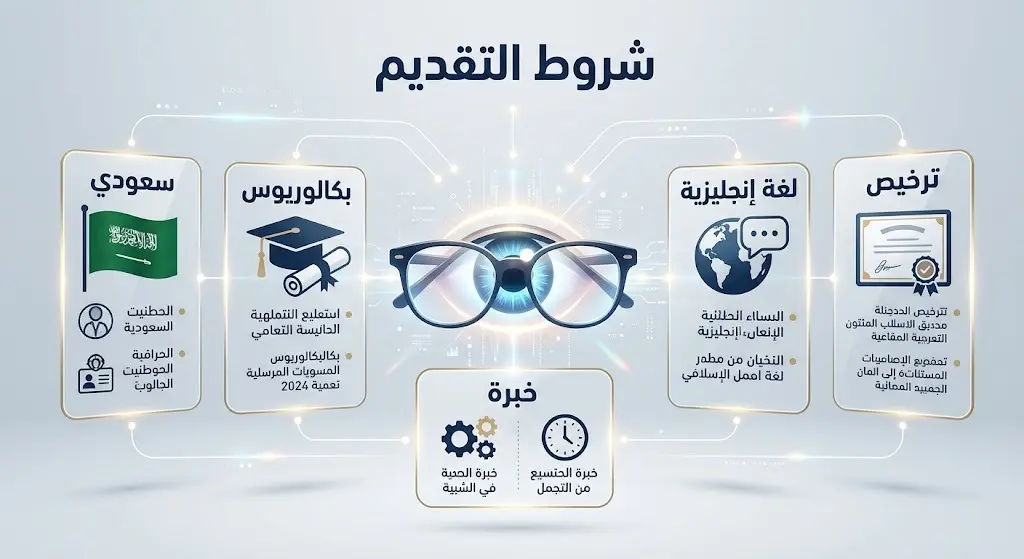 إنفوجرافيك يوضح شروط التقديم على وظائف شركة نظارات البركات والتي تشمل الجنسية السعودية والخبرة والمؤهل الأكاديمي.