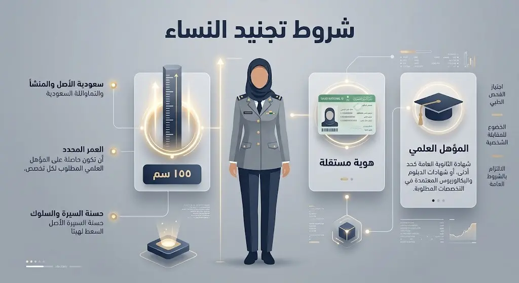تصميم معلوماتي يستعرض شروط القبول للمتقدمات في وزارة الدفاع، بما في ذلك متطلبات الطول واشتراط الهوية الوطنية المستقلة.