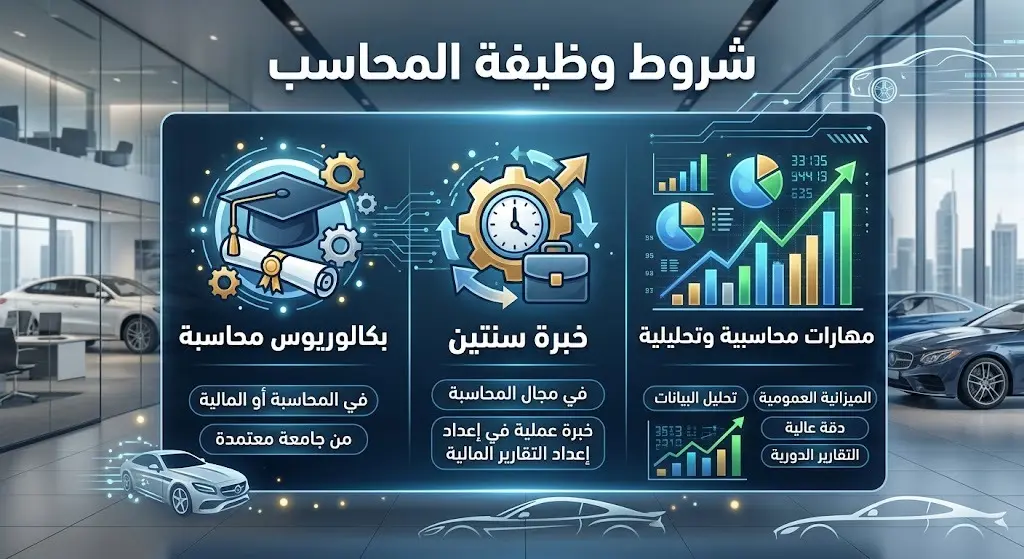 إنفوجرافيك يوضح شروط التقديم لوظيفة المحاسب في قطاع السيارات، مبرزاً شرطي البكالوريوس وتوفر خبرة لا تقل عن سنتين.