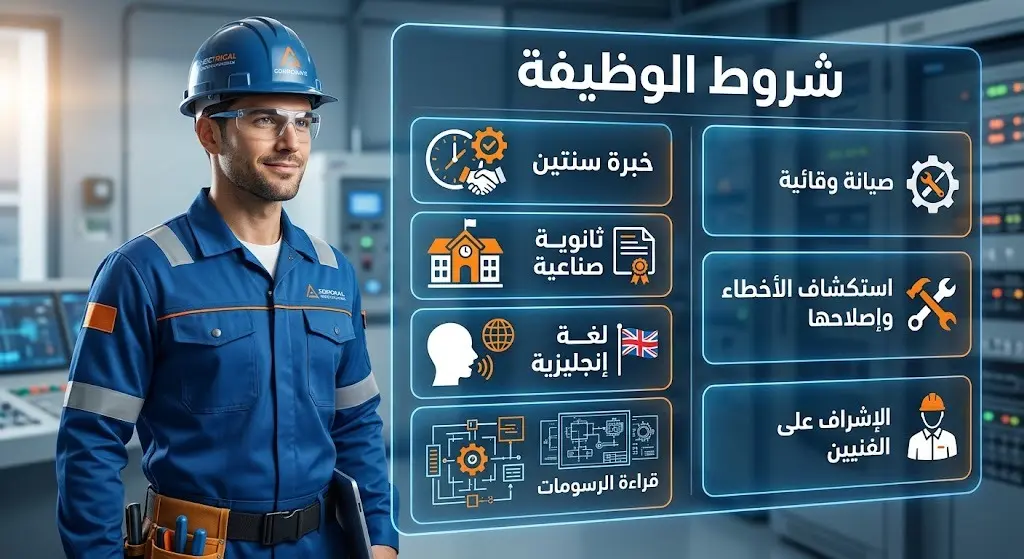 إنفوجرافيك احترافي يستعرض شروط التقديم والمهام لوظيفة فني كهرباء أول، يضم صورة لفني مع أيقونات ونصوص توضح متطلبات المؤهل والخبرة واللغة.