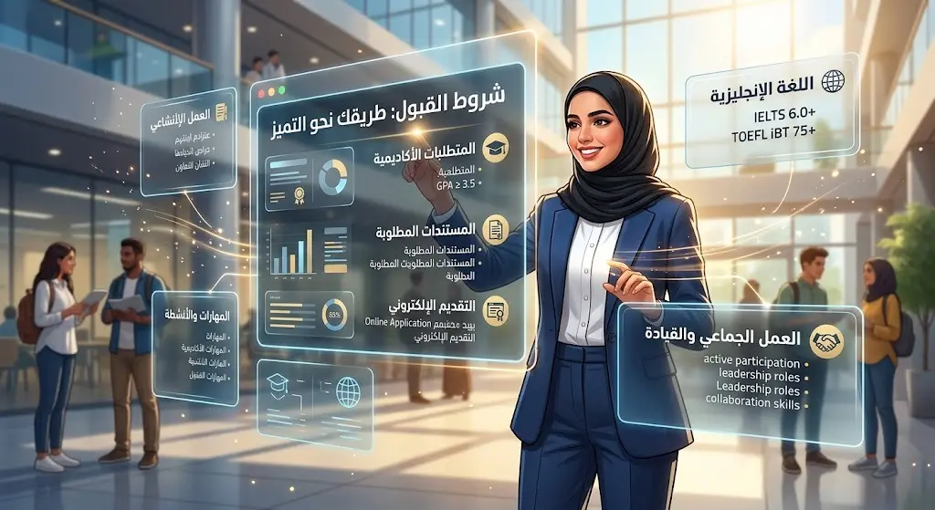 تصميم بصري يستعرض بطاقات تفاعلية لشروط ومتطلبات القبول في التدريب التعاوني، مع التركيز على المهارات الأساسية.