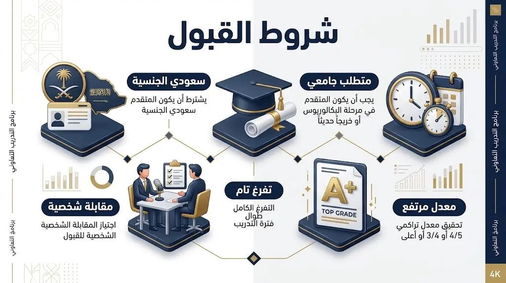 إنفوجرافيك يوضح شروط القبول في برنامج التدريب التعاوني بالديوان العام للمحاسبة متضمنة الجنسية والمعدل والمقابلة