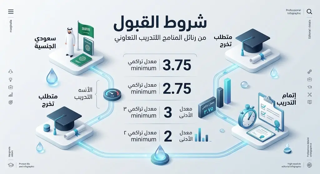 إنفوجرافيك يوضح شروط القبول والمعدلات التراكمية المطلوبة لبرنامج التدريب التعاوني في الهيئة السعودية للمياه.