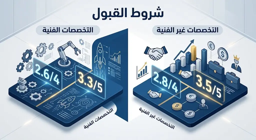 إنفوجرافيك يوضح الحد الأدنى للمعدل التراكمي المطلوب للقبول في التخصصات الفنية وغير الفنية لبرنامج التدريب التعاوني.