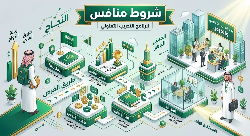 إنفوجرافيك احترافي يعرض شروط القبول في برنامج التدريب التعاوني منافس، موضحاً متطلبات الجنسية والمعدل التراكمي والمرحلة الدراسية.