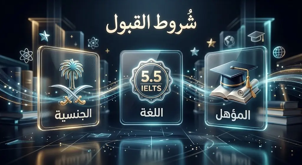تصميم بصري يستعرض شروط القبول الأساسية للابتعاث السياحي مثل اللغة والجنسية