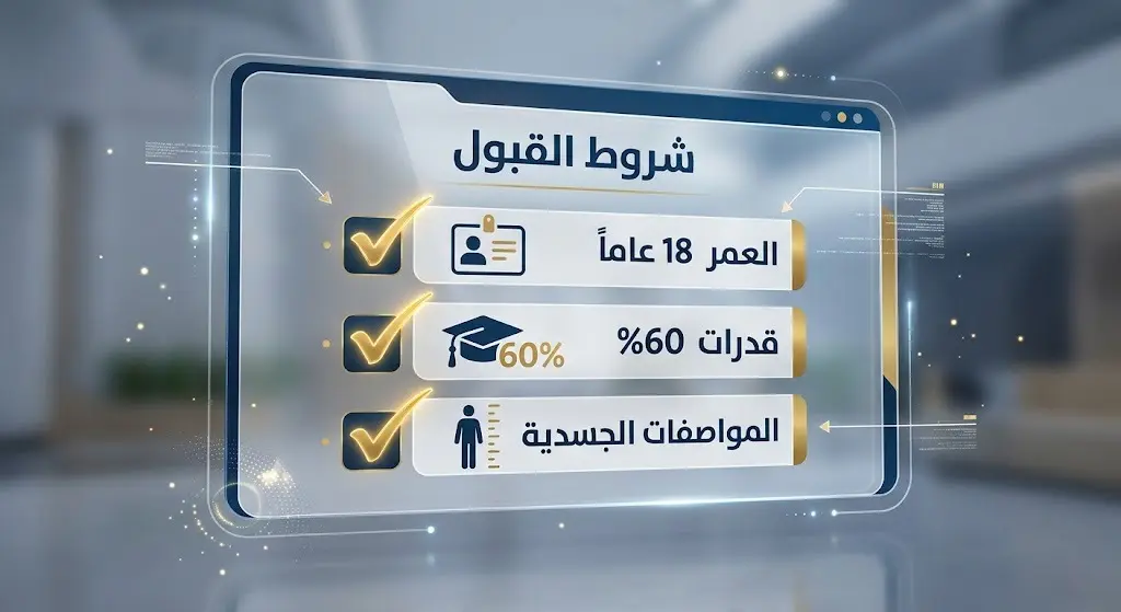 تصميم معلوماتي يستعرض أهم شروط القبول في البرنامج مثل اجتياز اختبار القدرات وتحديد العمر وبعض الشروط الخاصة بمسار الأمن السياحي.