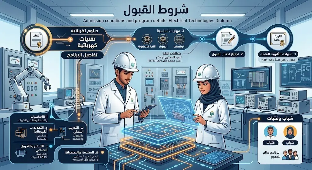 صورة تعبيرية لشاب وفتاة بزي هندسي يتفحصان لوحة كهربائية متطورة، مدمجة مع نصوص توضح شروط القبول في مسار التقنيات الكهربائية.