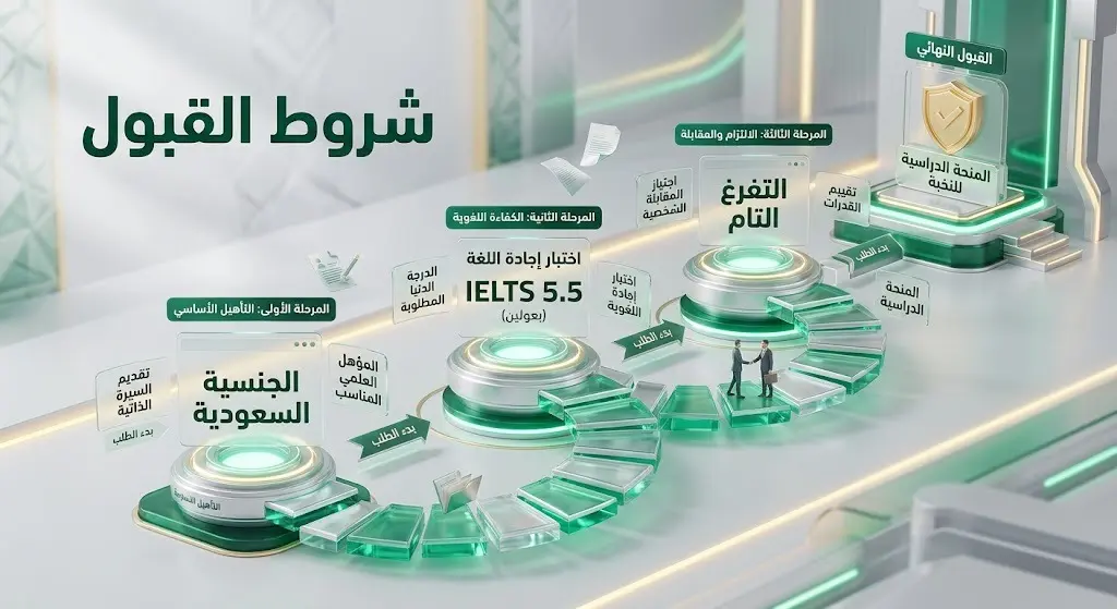 رسم معلوماتي يبرز أهم شروط القبول في برنامج الابتعاث المبتدئ بالتوظيف، مثل الجنسية السعودية واشتراطات اللغة الإنجليزية والتفرغ.