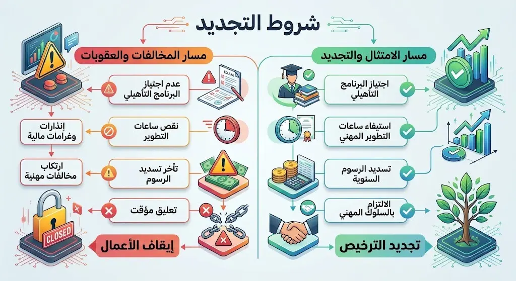إنفوجرافيك يوضح مسارين متباينين، الأول يمثل اجتياز البرنامج التأهيلي وتجديد الترخيص، والثاني يوضح عواقب عدم الامتثال من إيقاف وإلغاء.