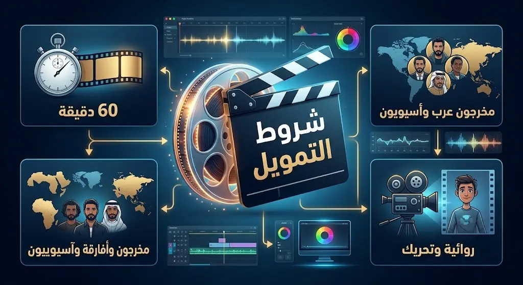 إنفوجرافيك سينمائي يستعرض شروط صندوق البحر الأحمر لتمويل ما بعد الإنتاج، موضحاً مدة العمل والفئات المقبولة.