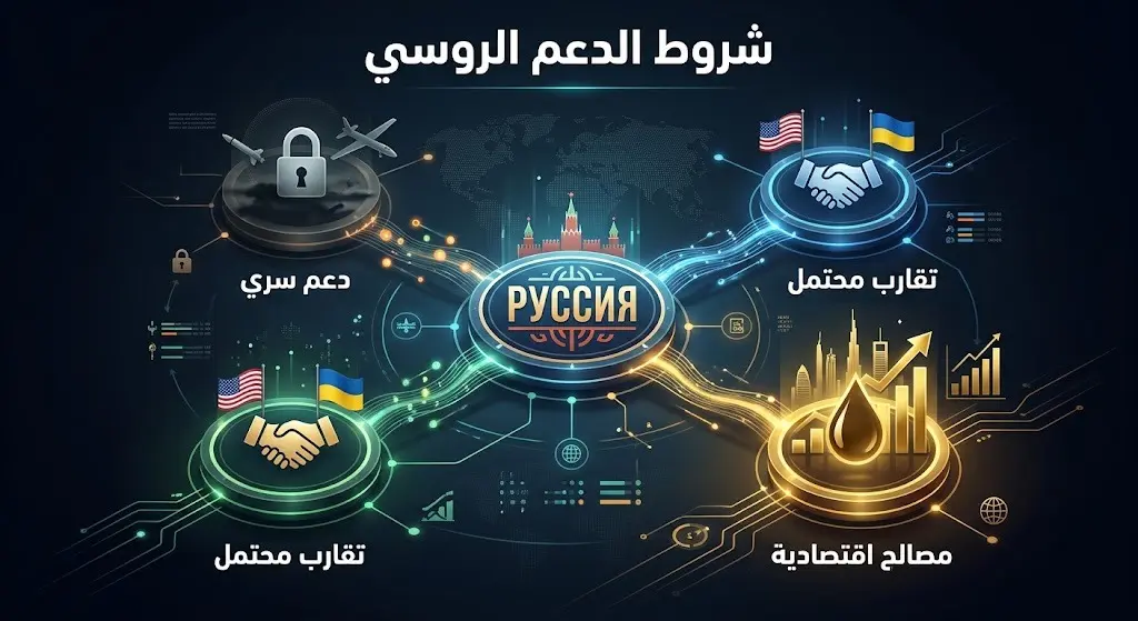 إنفوجرافيك تعبيري يوضح شروط الدعم الروسي السري لإيران، مع إبراز محاولات موسكو الموازنة بين هذا الدعم والحفاظ على مسار التقارب مع واشنطن ومصالحها مع دول الخليج.