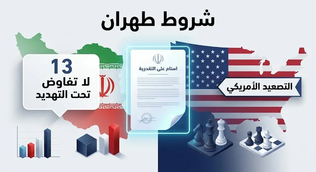 إنفوجرافيك صحفي يجسد التجاذبات السياسية بين الولايات المتحدة وإيران، موضحاً تمسك طهران بالفقرة 13 التي ترفض التفاوض تحت التهديد مقابل التصعيد الأمريكي.