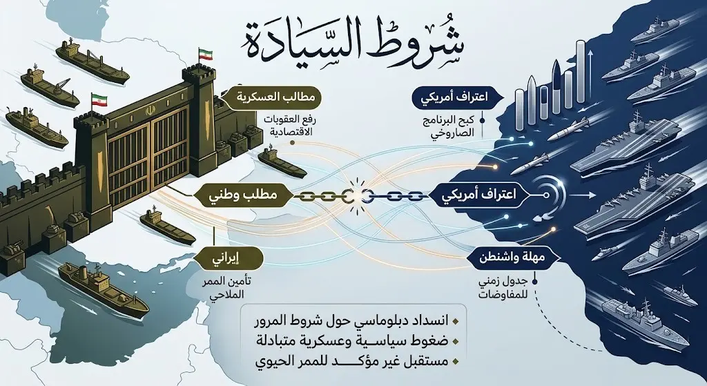 تصميم بصري يقارن بين الشروط الإيرانية لفتح مضيق هرمز والمهلة الأمريكية، يظهر فيه الممر المائي مغلقاً مع نصوص عربية تلخص المطالب السياسية.
