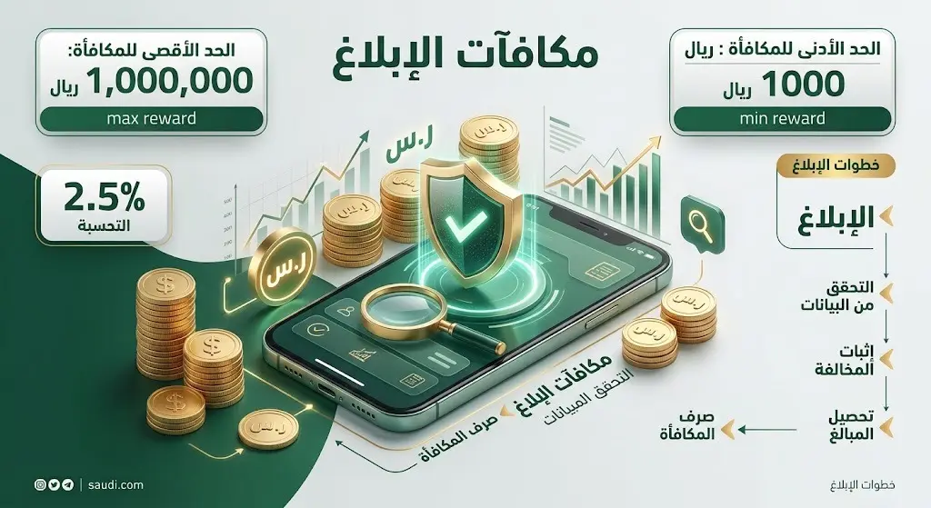 إنفوجرافيك احترافي يعرض تفاصيل وقيمة المكافآت المالية للمبلغين عن المخالفات الضريبية والتي تصل إلى مليون ريال سعودي.