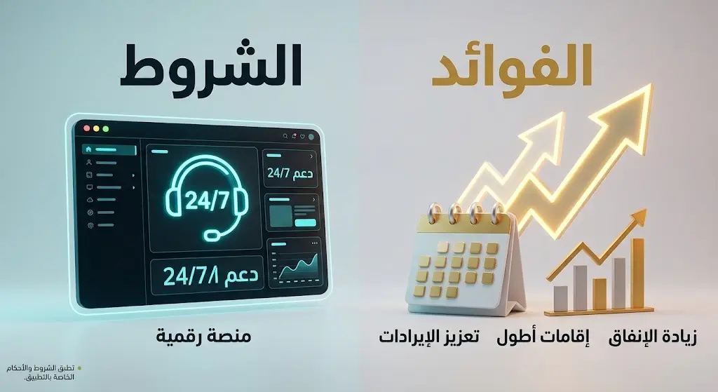 تصميم بصري يقارن بين الشروط التقنية المطلوبة من مزودي خدمات السفر والفوائد الاقتصادية المترتبة على المبادرة.