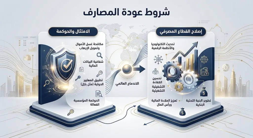 إنفوجرافيك يوضح الشروط الرئيسية لعودة المصارف العراقية المقيدة وتتضمن الامتثال والحوكمة وإصلاح القطاع المصرفي.