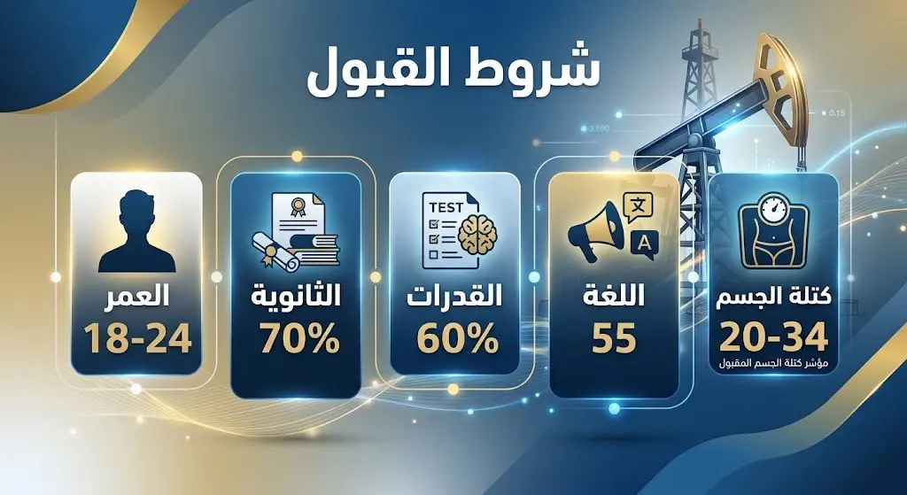 إنفوجرافيك يوضح شروط ومعايير القبول في أكاديمية الحفر العربية السعودية صدى لعام 2026، متضمناً العمر، المعدل التراكمي، اللياقة الطبية، ودرجات الاختبارات.
