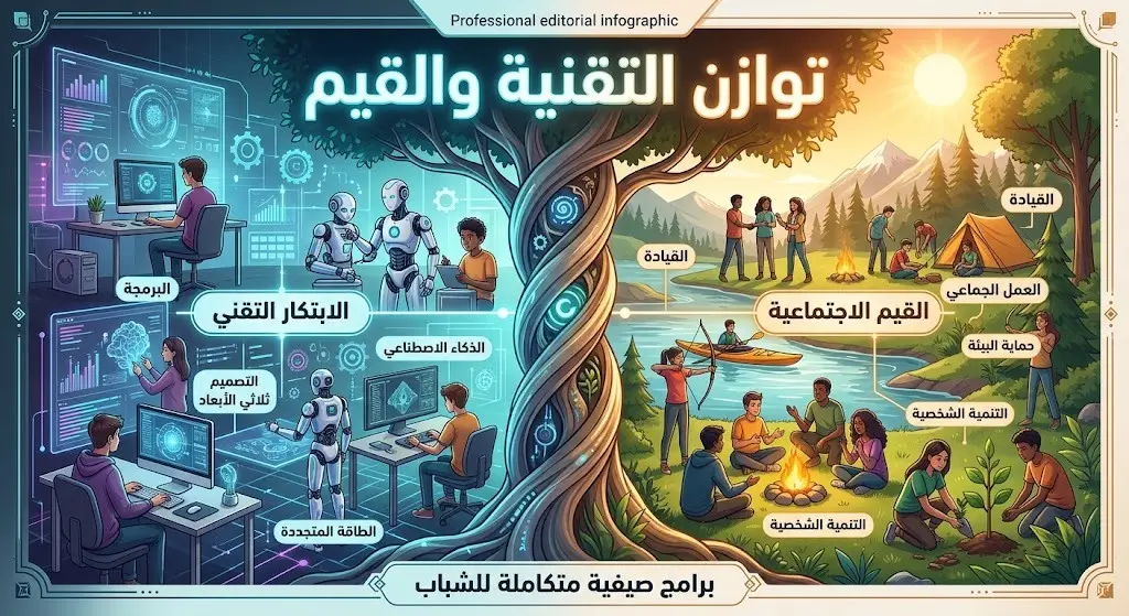 تصميم بصري يعبر عن التوازن المبتكر بين التكنولوجيا والقيم الاجتماعية في برامج المراهقين.