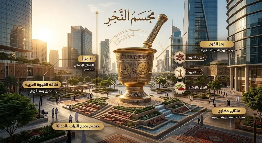 صورة إبداعية لمجسم النجر التراثي الضخم وسط مدينة بريدة، تبرز تفاصيله المعمارية مع معلومات إنفوجرافيك توضح ارتفاعه ورمزيته.