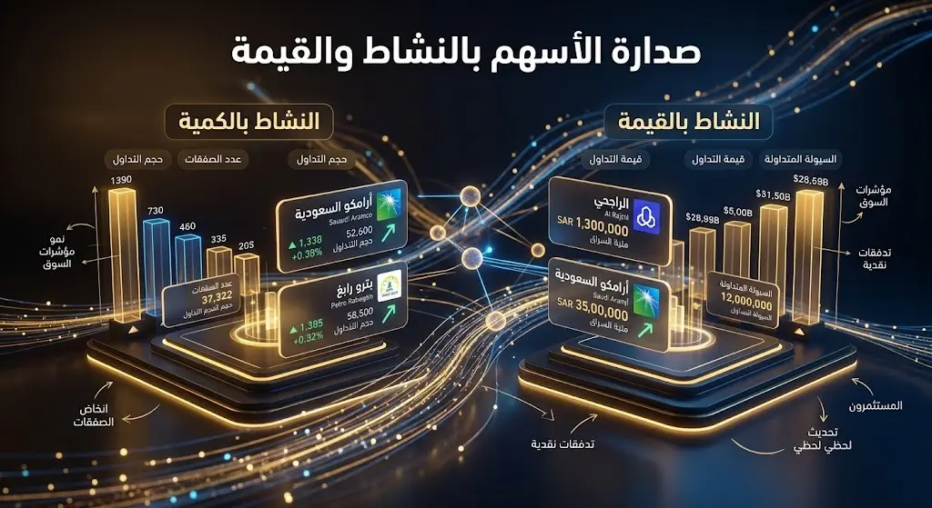 تصميم بياني يستعرض الأسهم السعودية الأكثر نشاطاً بالكمية والقيمة، يتصدرها أرامكو والراجحي وبترو رابغ.