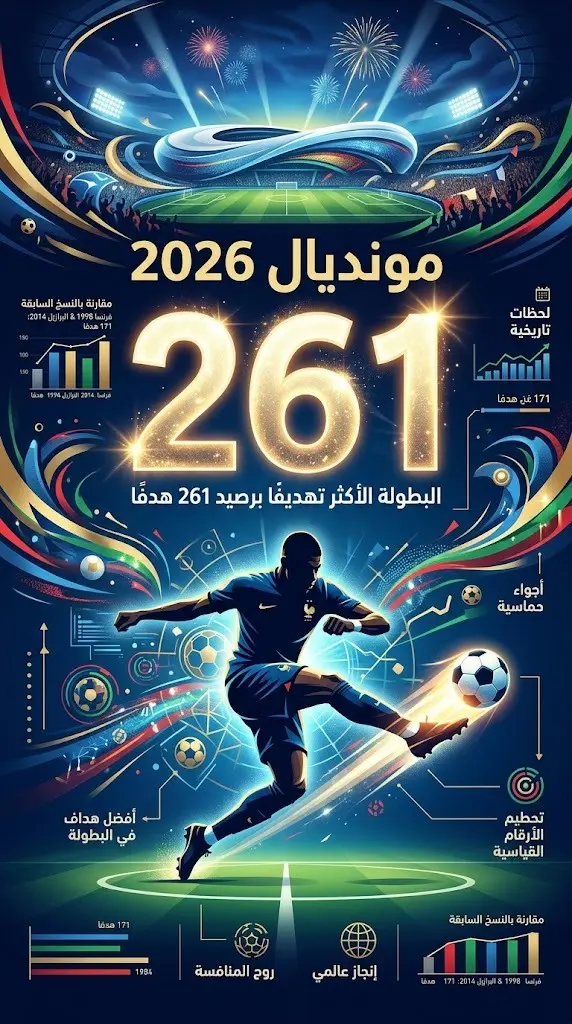 إنفوجرافيك احترافي يبرز الرقم 261 كأعلى حصيلة أهداف في تاريخ كأس العالم لنسخة 2026 مع صورة ظلية للاعب يسدد الكرة.