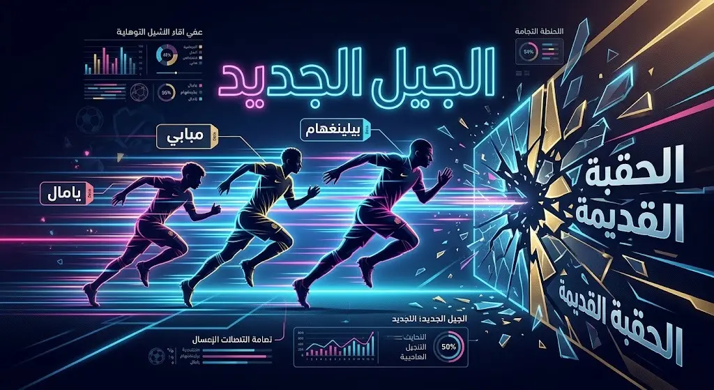 إنفوجرافيك عصري ديناميكي يستعرض أسماء المواهب الصاعدة في كرة القدم بتصميم مستقبلي وخطوط نيون تتوسطها عبارة الجيل الجديد.