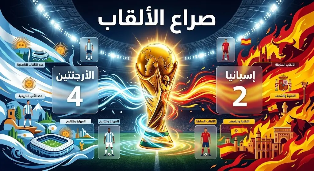 تصميم إنفوجرافيك رياضي يعرض صراع الألقاب في نهائي كأس العالم بين الأرجنتين وإسبانيا.
