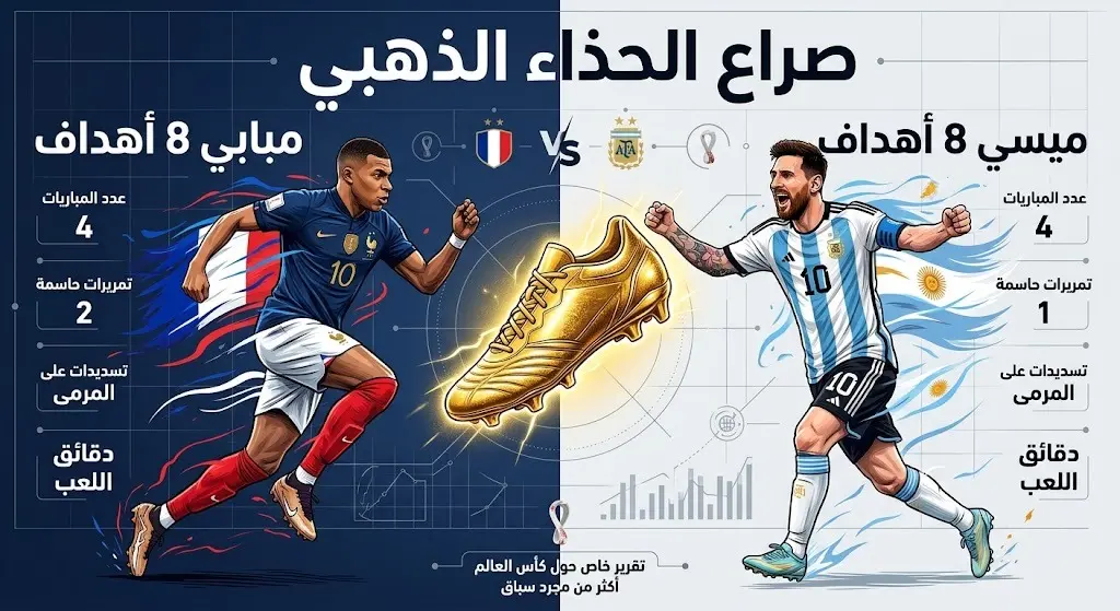 تصميم مقارنة بصري يبرز المنافسة الشرسة بين كيليان مبابي وليونيل ميسي على جائزة الحذاء الذهبي برصيد 8 أهداف لكل منهما.