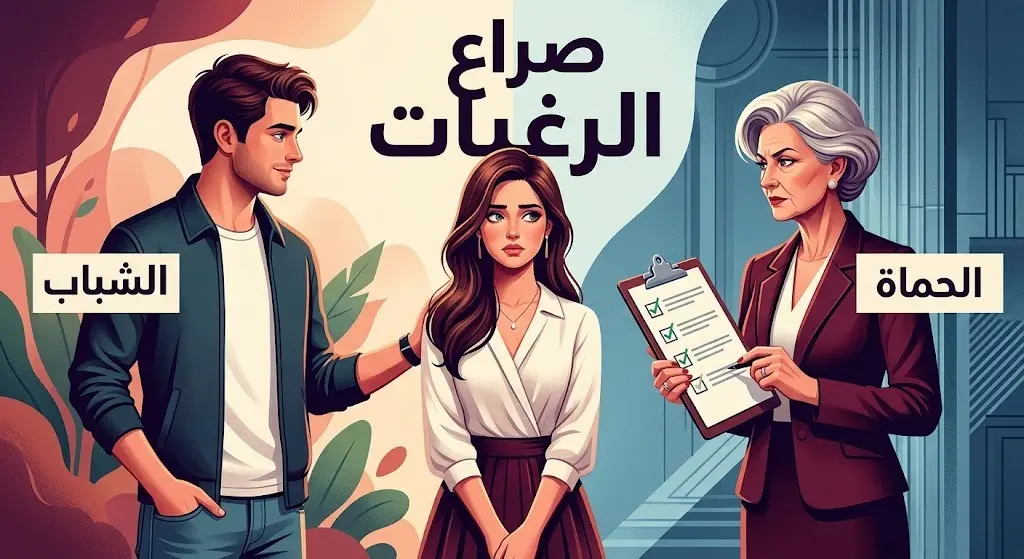 صورة تعبيرية تظهر شابة تقف بين شاب يهتم بها وسيدة بملامح حازمة تقيمها، لتمثيل الصراع بين الأمهات والشباب في البرنامج