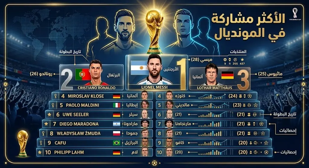 إنفوجرافيك رياضي يستعرض قائمة أكثر اللاعبين مشاركة في تاريخ كأس العالم متضمناً أرقام ميسي ورونالدو وماثيوس