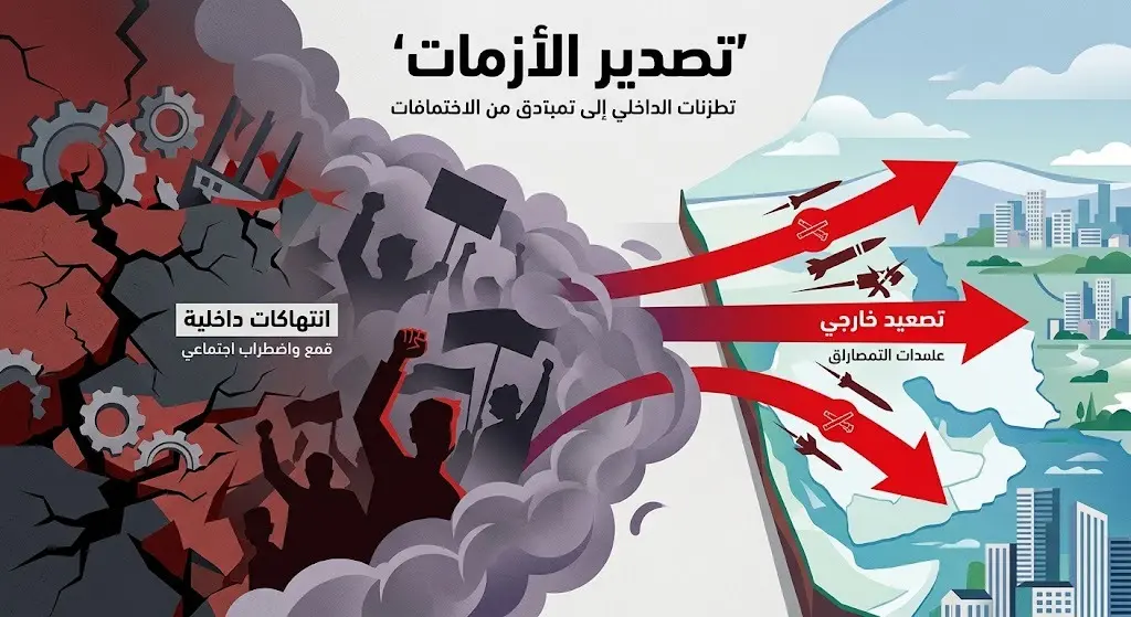 تصميم مفاهيمي يوضح استراتيجية تصدير الأزمات الداخلية للتغطية على الانتهاكات