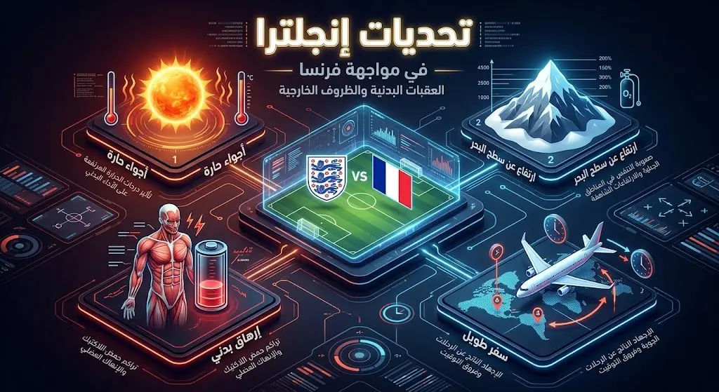 تصميم معلوماتي يوضح التحديات البدنية والظروف المناخية المعقدة التي واجهتها إنجلترا