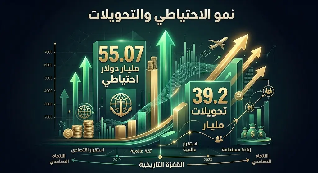 تصميم بياني يبرز الارتفاع التاريخي لصافي الاحتياطي النقدي الأجنبي لمصر إلى 55.07 مليار دولار، بالإضافة إلى القفزة الكبيرة في تحويلات المغتربين.